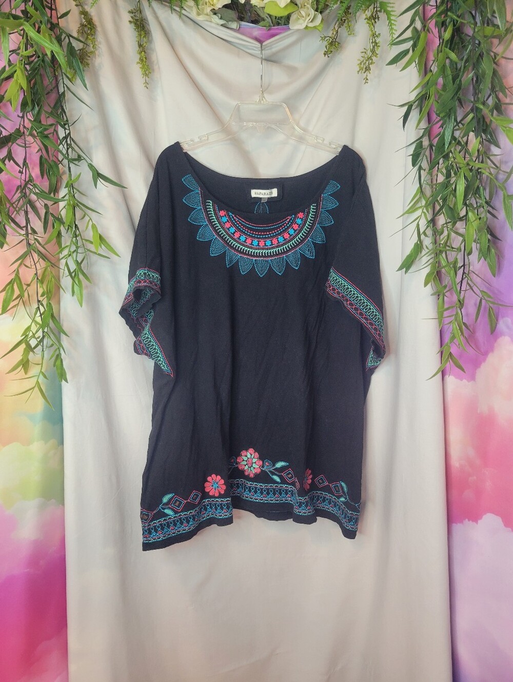 paparazzi Black Top with Teal and Pink Embroidery
